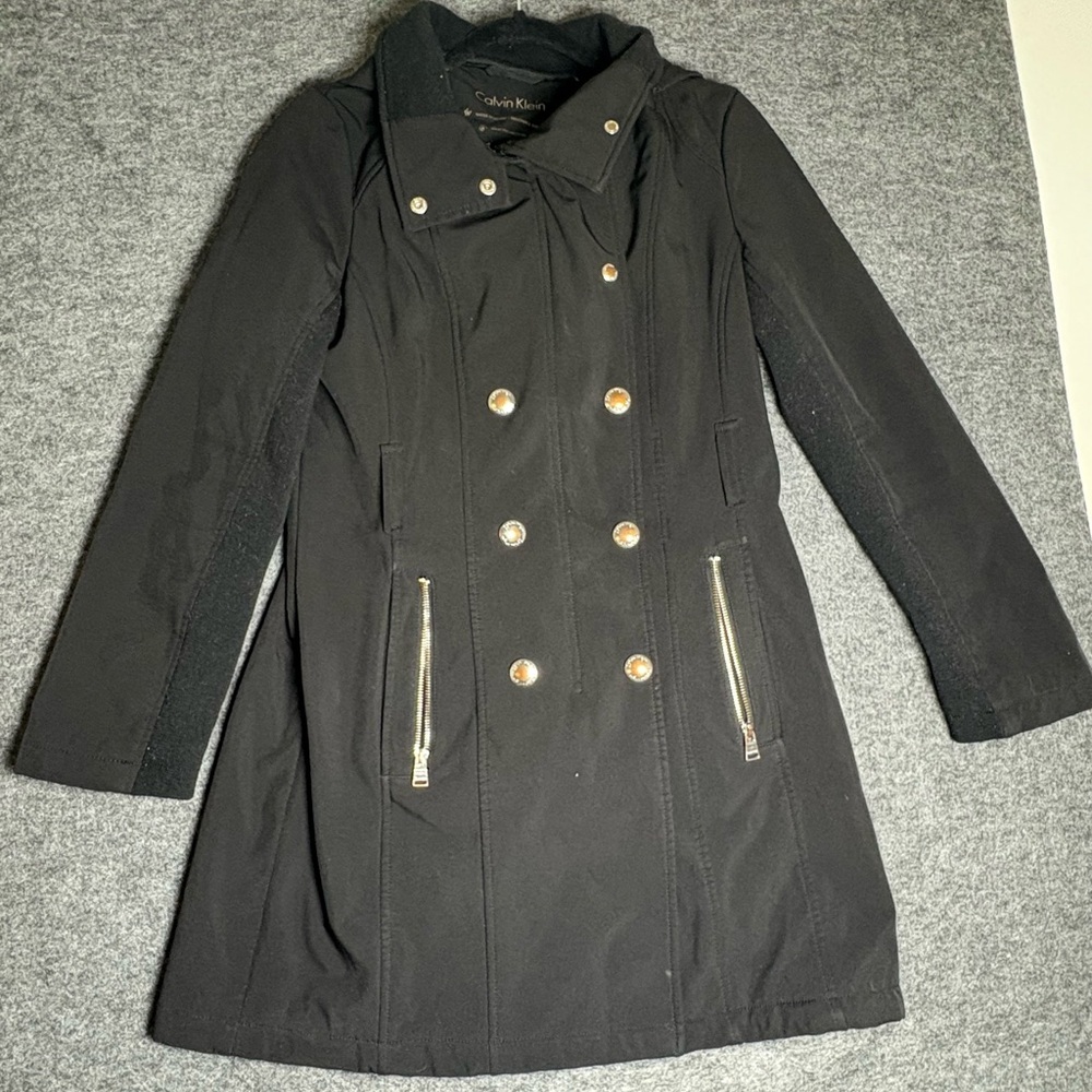 Woman’s Calvin Klein Black Trench Coat Jacket with Removable Hood
